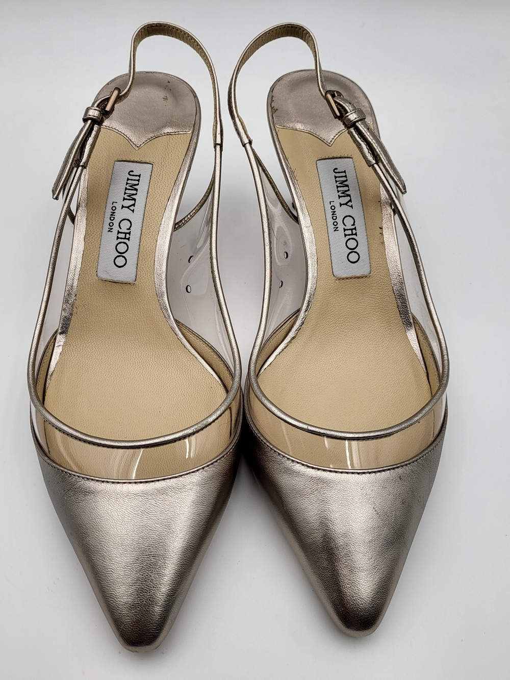 JIMMY CHOO ERIN LEATHER/PLEXI SHOE WOMAN SANDAL LIGHT PLATINUM .. Authentic..